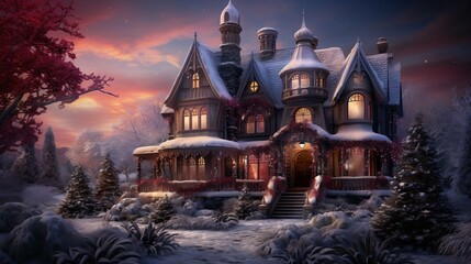 A charming winter scene featuring a snow-covered house at sunset with festive holiday decorations.