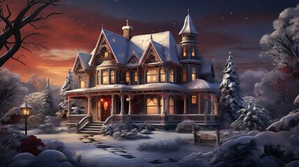 A charming Victorian house welcomes the Christmas season in a snowy landscape.