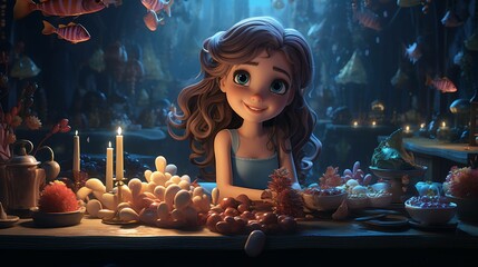 A sweet girl smiles in an underwater scene, surrounded by a magical glow and vibrant colors.