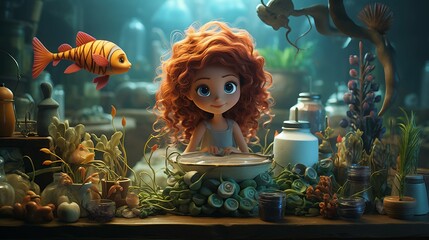 A charming cartoon girl with bright red hair and a friendly fish in a fantastical setting.