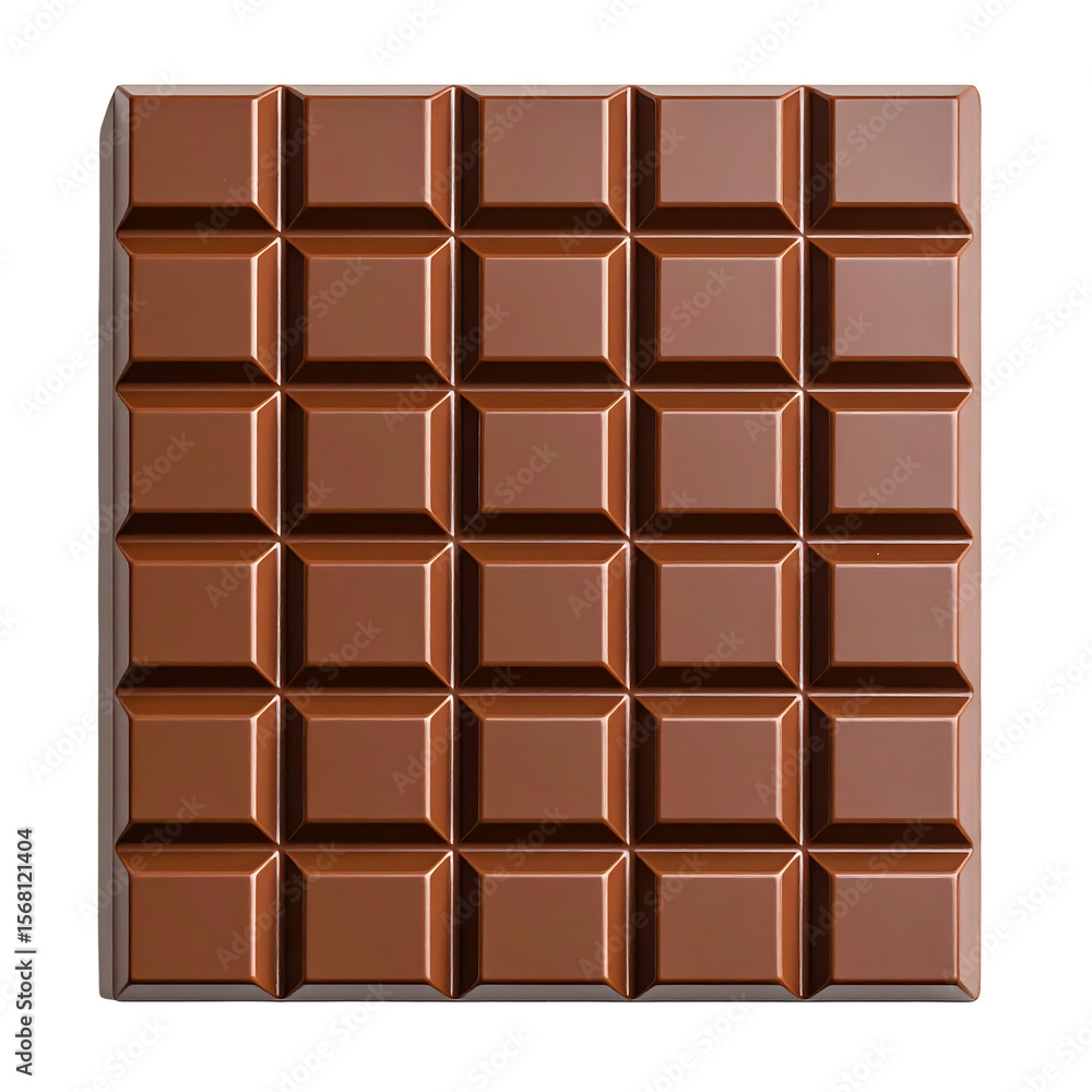 Poster glossy milk chocolate bar with soft square segments on transparent background