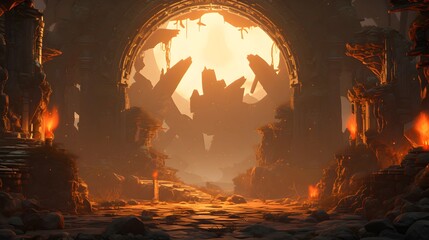 Ancient fantasy ruins bathed in golden sunlight, creating a dramatic and epic scene.
