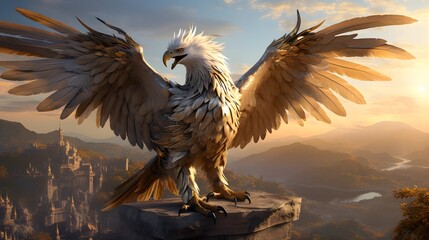 A magnificent griffin spreads its wings against a stunning sunset backdrop over a castle.