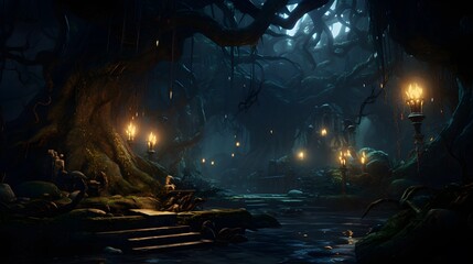 An enchanting forest scene filled with magical glowing lights at night.