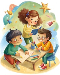 Children are reading and writing together at a table