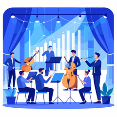 Fototapeta premium Orchestra Performing on Stage with Musicians Playing String Instruments Under Spotlights with Graph Background and Blue Curtains