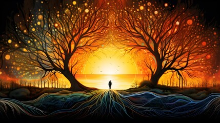 A lone figure walks towards a brilliant sunset, framed by artistic trees.