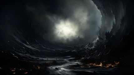 A dark and stormy landscape with an ominous sky and dramatic terrain.