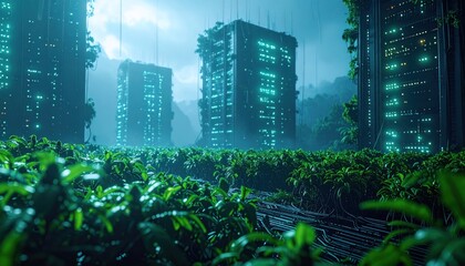 Verdant urbanism vision: Futuristic city overgrown with vibrant greenery