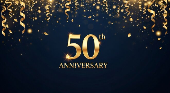 50th anniversary golden celebration background with confetti and ribbons on dark blue