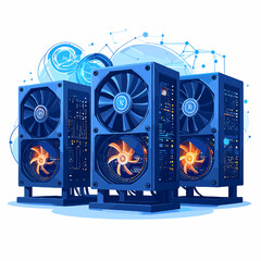 Pixelated Blue Servers with Orange Glowing Fans in Data Center a Vector Illustration with a Futuristic Grid and Digital Network Connections