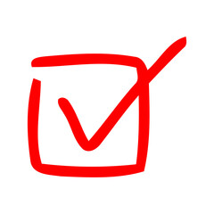 Hand-drawn red checkmark in square  bold, graphic, affirmative, success concept. © Noy