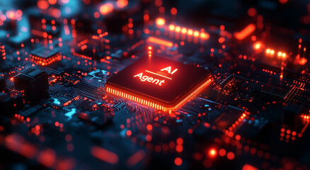 A glowing "AI Agent" logo on top of an AI chip floating in the center, surrounded by swirling digital patterns and holographic elements