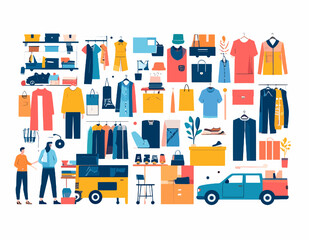 Retail Clothing Store Colorful Vector Illustration with Shelves Racks and Customers Featuring Various Apparel Items and Accessories Against a White Background