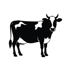 Black and White Silhouette Illustration of Dairy Cow Standing on White Background