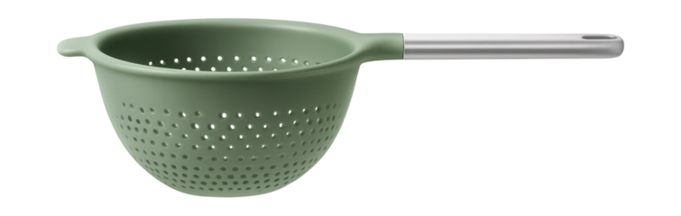 Silicone colander with an expandable handle, suitable for rinsing fruits in a cottage kitchen.