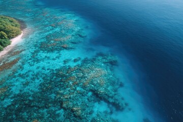 drone-view overhead of cover coral reef formation near gili islands under crystal clear water