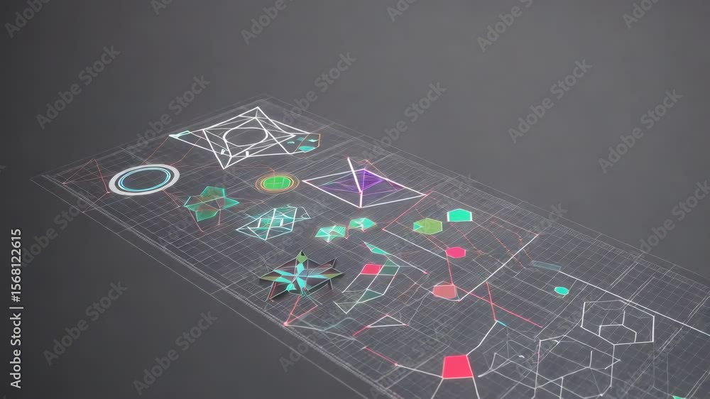 Poster futuristic hud showing rotating geometrical shapes on grey background
