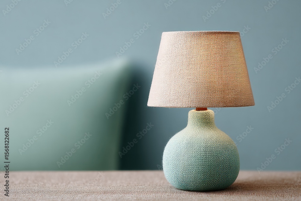 Poster close-up of table lamp casting pool of light over sage green notepad and pillow fabric swatch