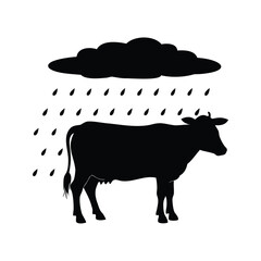 A stylized black and white illustration of a cow standing under rain