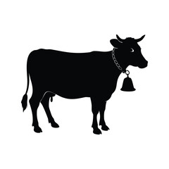 Silhouette of a cow with a bell, standing on a white background