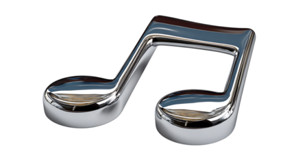 Shiny chrome eighth note musical symbol with reflections isolated on transparent background