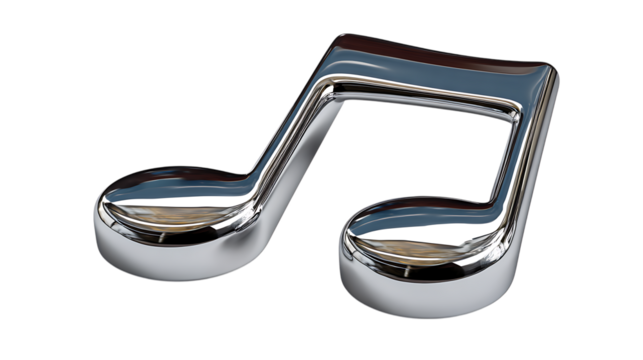 Shiny chrome eighth note musical symbol with reflections isolated on transparent background