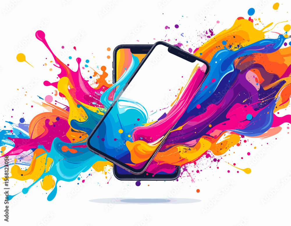 Poster smartphone floating on a colorful liquid splash with abstract modern design on white background for 