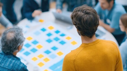 drone-style top view of educational startup hackathon workspace with seniors laptops sticky notes