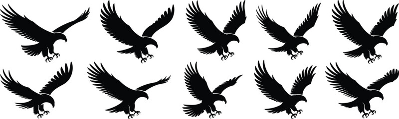 Eagle silhouette flying with open wings, powerful raptor attack pose collection, majestic bird of prey black vector illustration icon set flat vector illustration