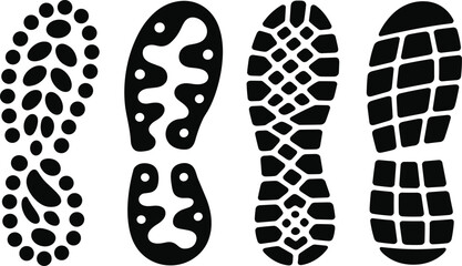 Black and white illustration of four different sneaker sole tread patterns, perfect for shoe design, iconography, branding, or print use
