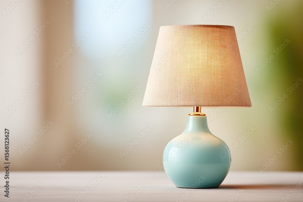 Aufkleber close-up of table lamp casting pool of light over sage green notepad and pillow fabric swatch