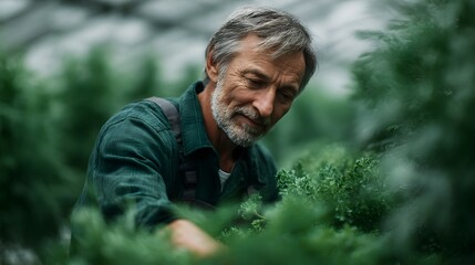 An elderly man tending to plants in a greenhouse for his business