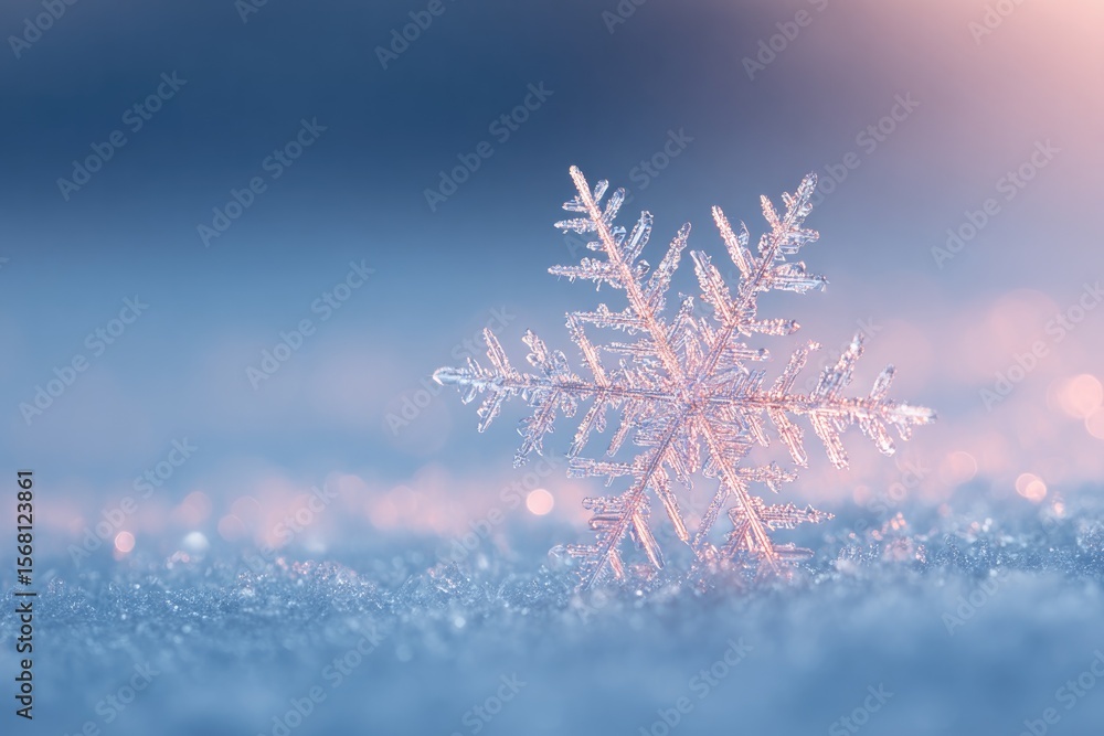 Poster close-up of fractal snowflake structure crystallized on glass surface in studio light
