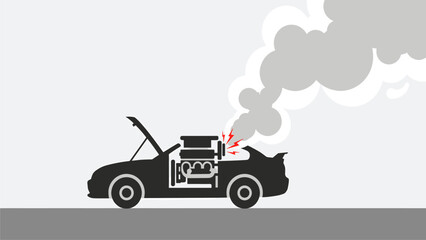 Overheating Car Engine Silhouette with Smoke