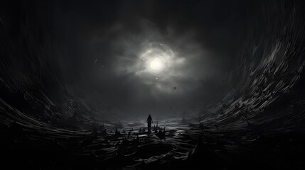 A lone figure is silhouetted against a bright light in a dark, surreal landscape.