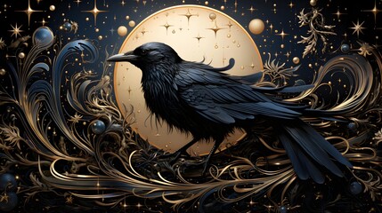 An artistic illustration of a raven perched elegantly, set against a backdrop of celestial elements and ornate designs.
