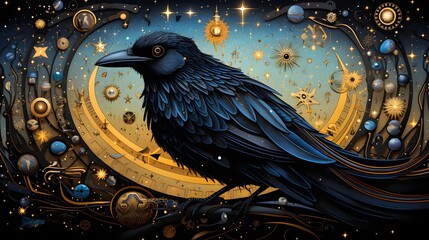 A stunning digital artwork showcasing a majestic raven perched against a celestial backdrop with intricate golden details, reminiscent of astronomy.