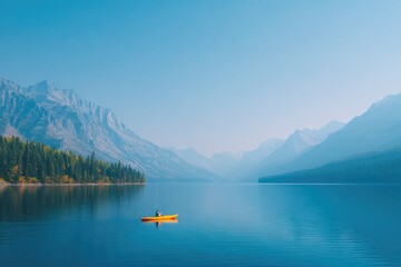 minimalistic shot of person kayaking on serene lake surrounded by breathtaking mountains and clear blue sky
