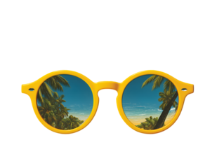 Palm trees and beach are reflected in yellow sunglasses isolated on transparent background