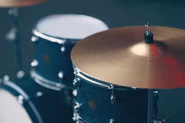 drone-overhead of drummer kit setup on stage before show begins top angles showing cymbals and snare geometry
