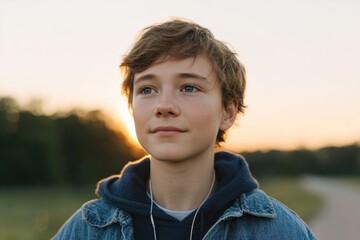 teen boy walking alone in nature with headphones on