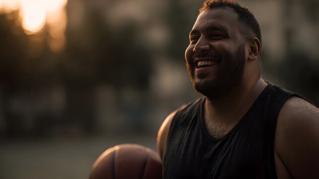 A smiling man playing basketball in the warm afternoon sunlight - Powered by Adobe
