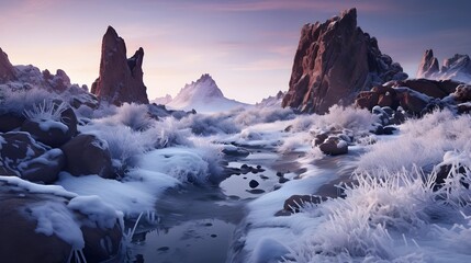 A serene winter landscape features snow-covered rocks and frosted vegetation under a soft pink sky.
