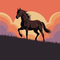 horse vector, silhouette of a horse trotting on grassy hill against dramatic sunset sky with vivid clouds, symbolizing strength and grace