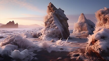 A breathtaking winter landscape features ice formations, reflecting the soft hues of the sky and a peaceful ambiance.
