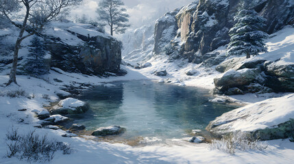 serene winter scene featuring frozen pond surrounded by snow and rocks