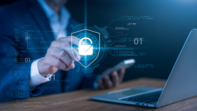 Concept of global data security privacy, with human hand touching virtual padlock icon. Represents internet security, cyber defense, secure transactions in advanced technology digital transformation