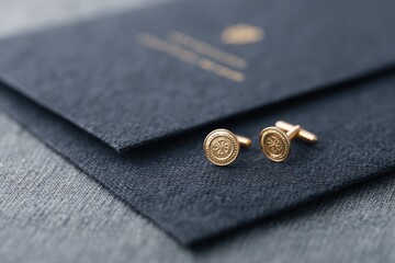 flat-lay of nobel ceremony invitation card boutonniere and cufflinks on black velvet cloth