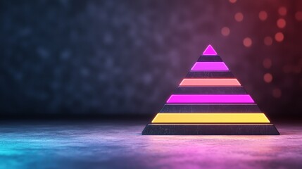 Symbolize of organization chart. Neon pyramid on a textured surface with colorful lights in the background.